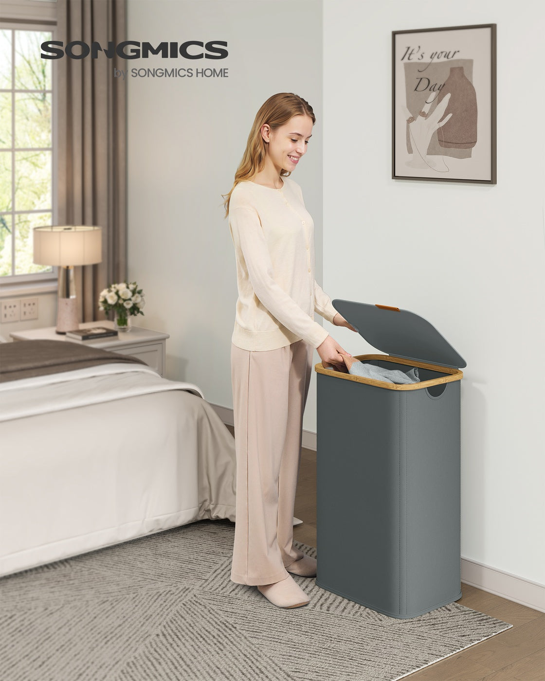 Laundry Hamper with Lid - 100L - Oxford Fabric - Bamboo Frame