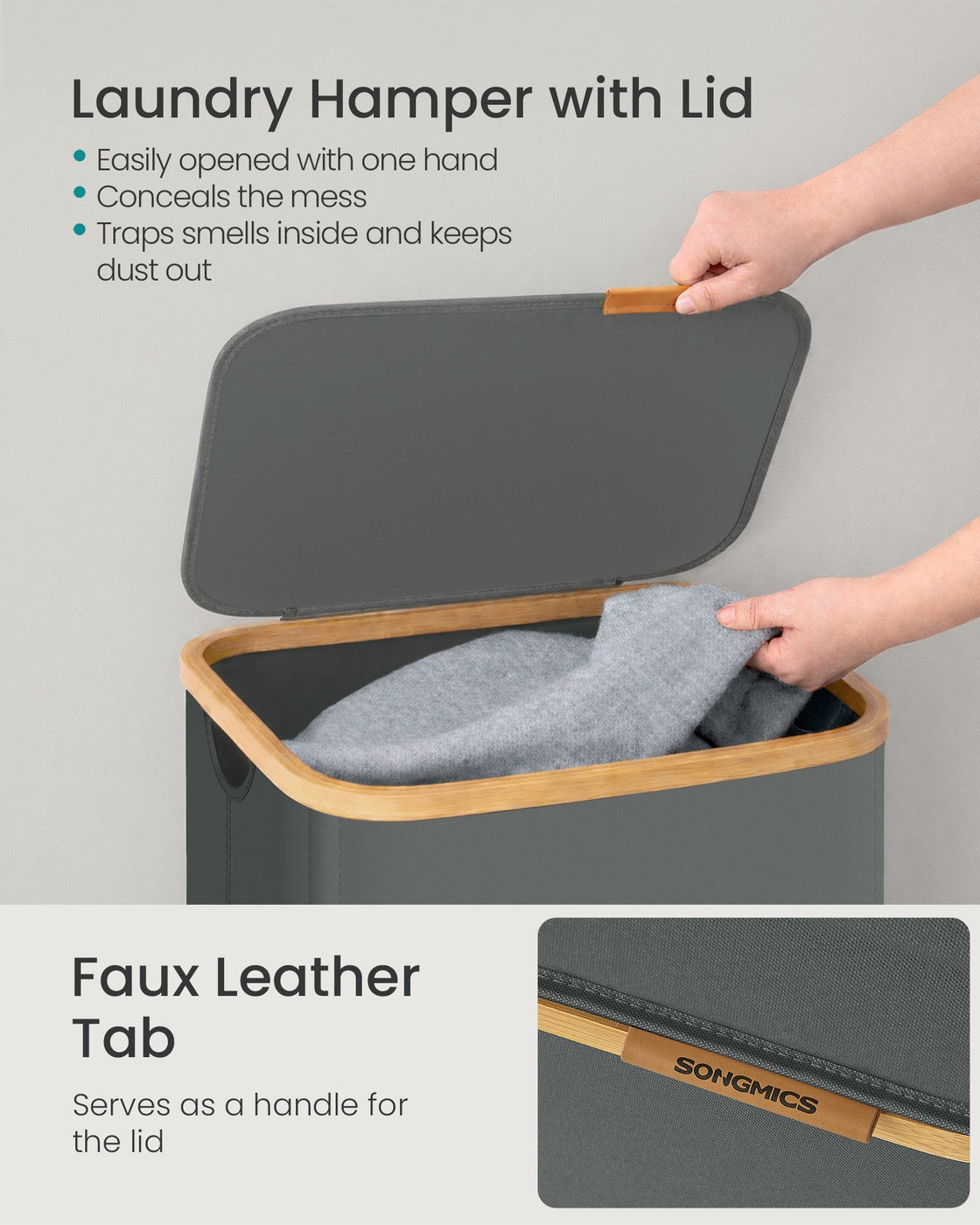 Laundry Hamper with Lid - 100L - Oxford Fabric - Bamboo Frame