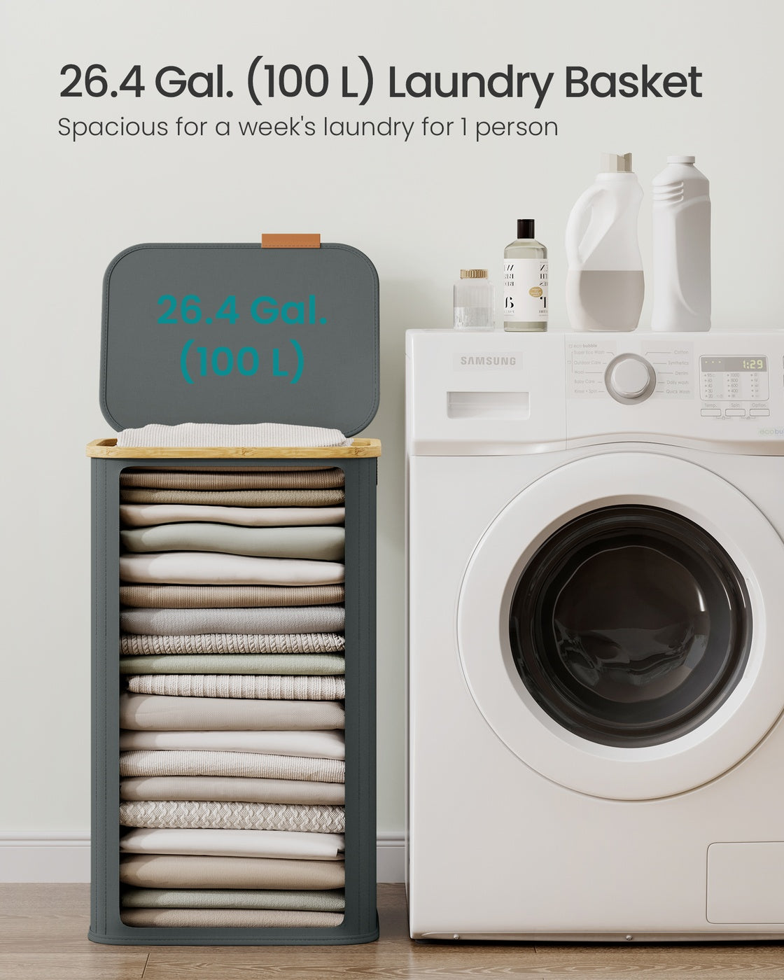 Laundry Hamper with Lid - 100L - Oxford Fabric - Bamboo Frame