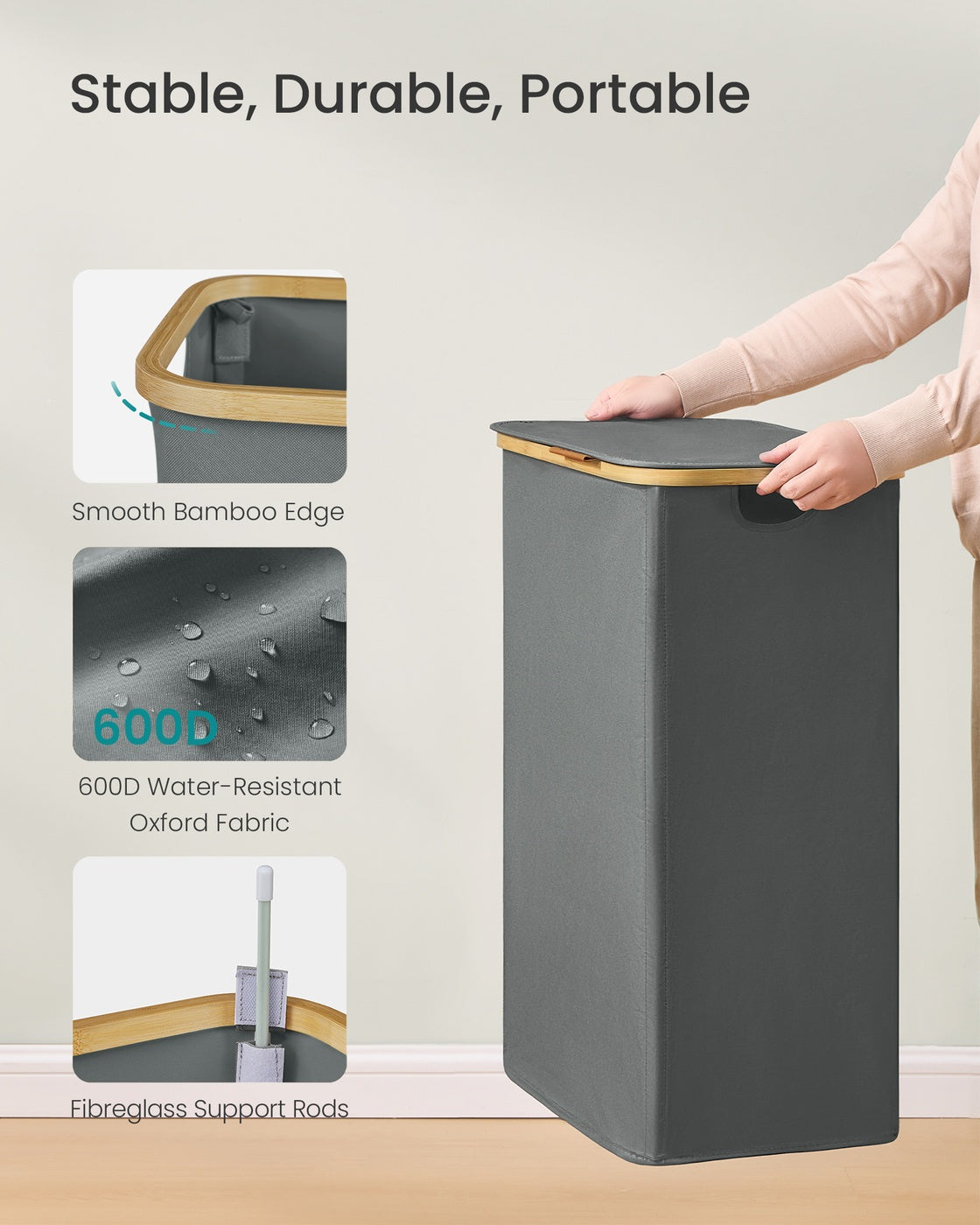Laundry Hamper with Lid - 100L - Oxford Fabric - Bamboo Frame