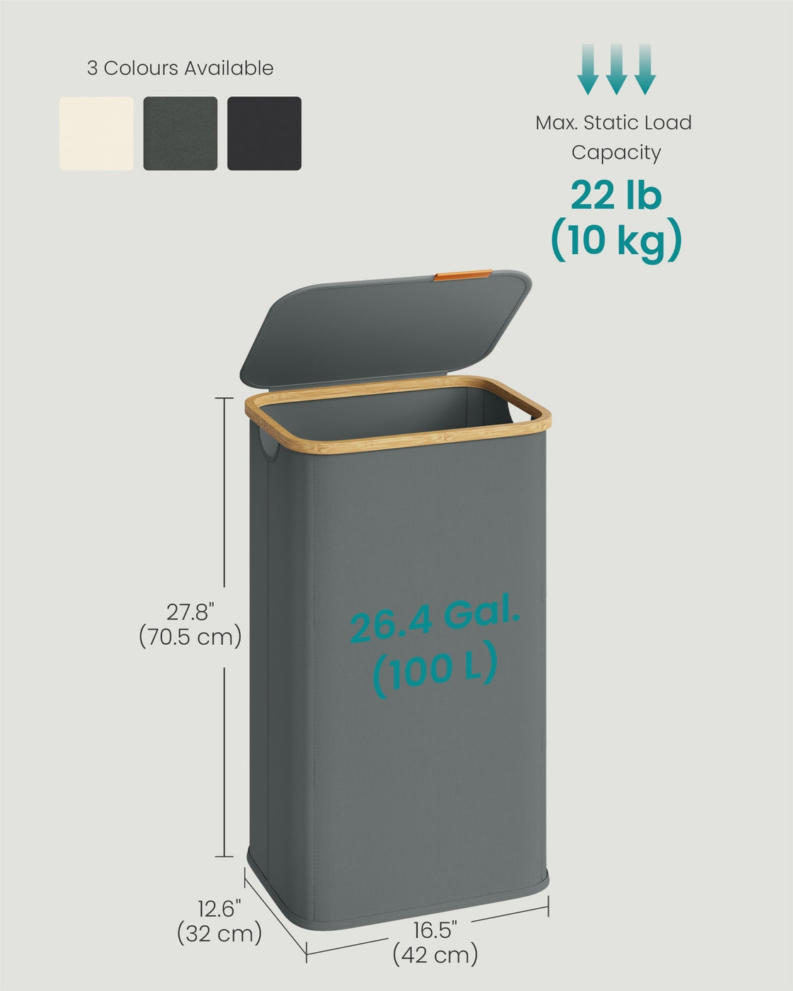 Laundry Hamper with Lid - 100L - Oxford Fabric - Bamboo Frame