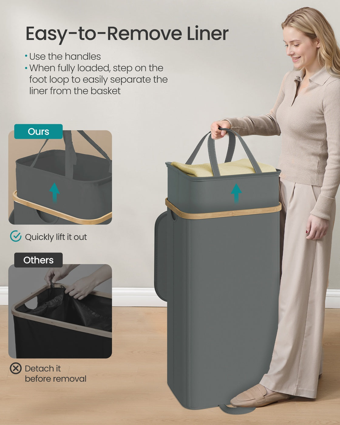 Laundry Hamper - 100L - Bamboo Frame - Removable Liner