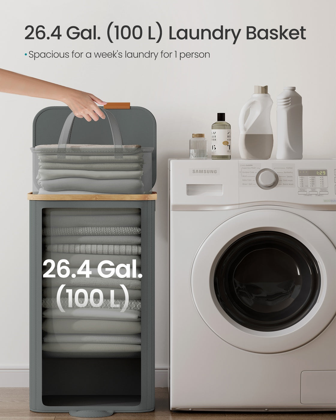 Laundry Hamper - 100L - Bamboo Frame - Removable Liner