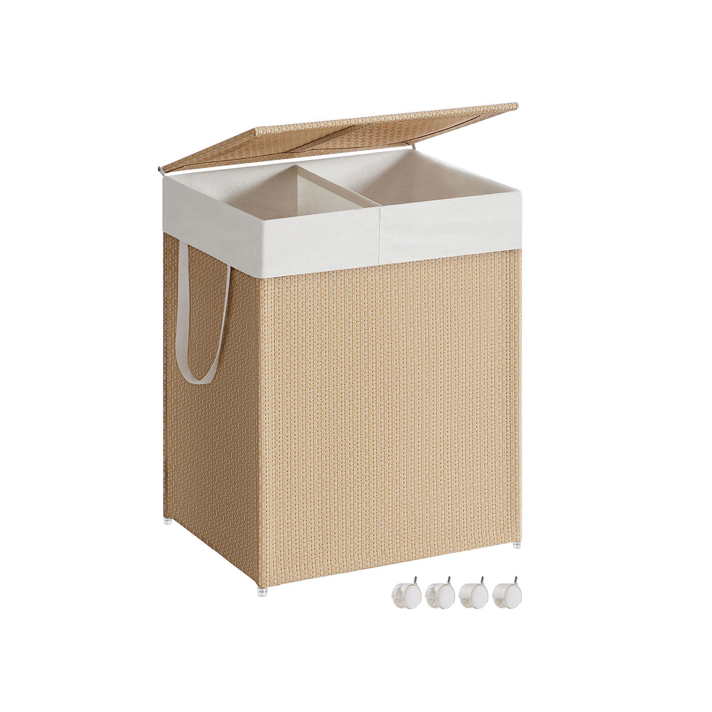 Laundry Basket - Fabric - Natural Beige - Dual Compartment with Lid and Wheels