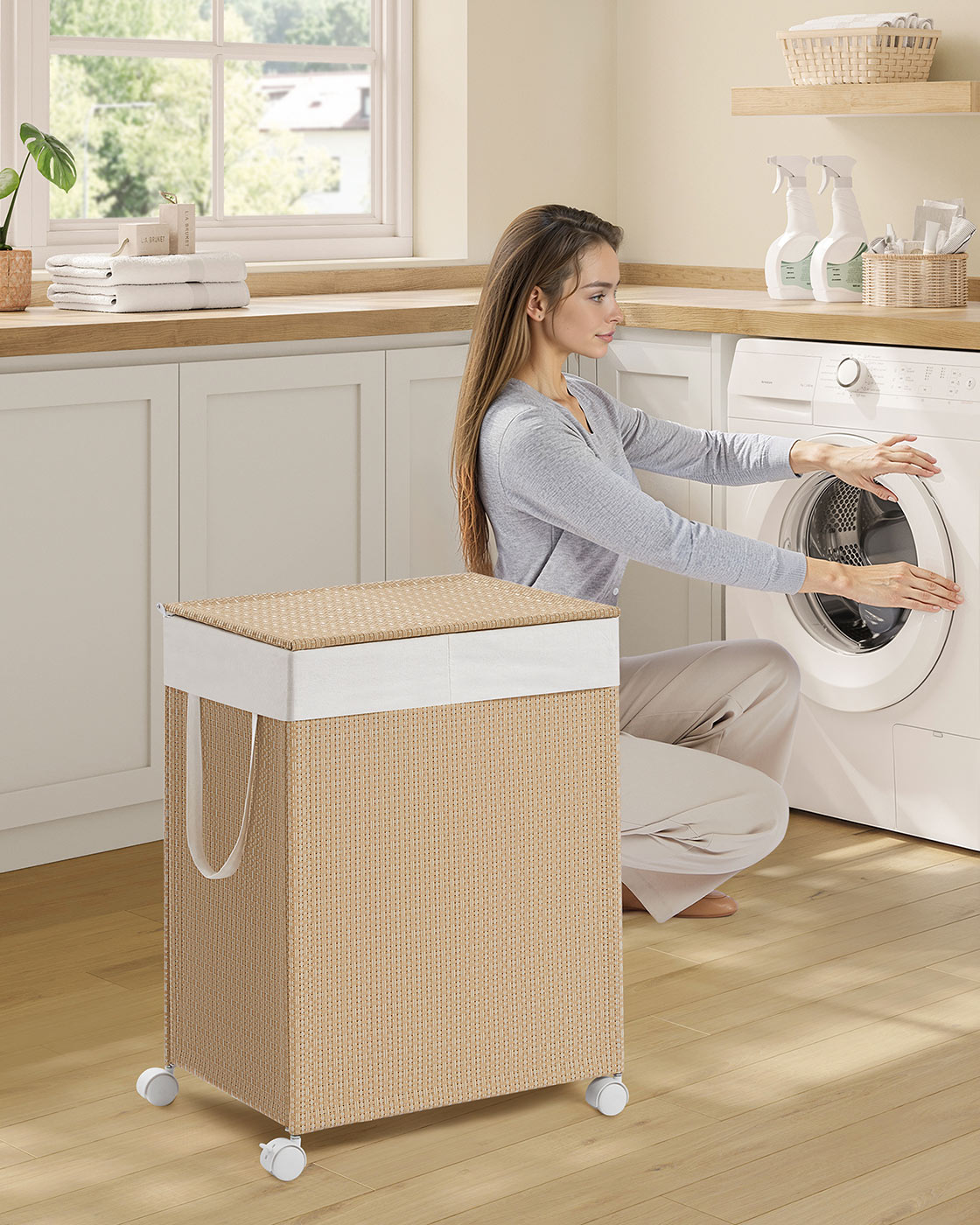 Laundry Basket - Fabric - Natural Beige - Dual Compartment with Lid and Wheels