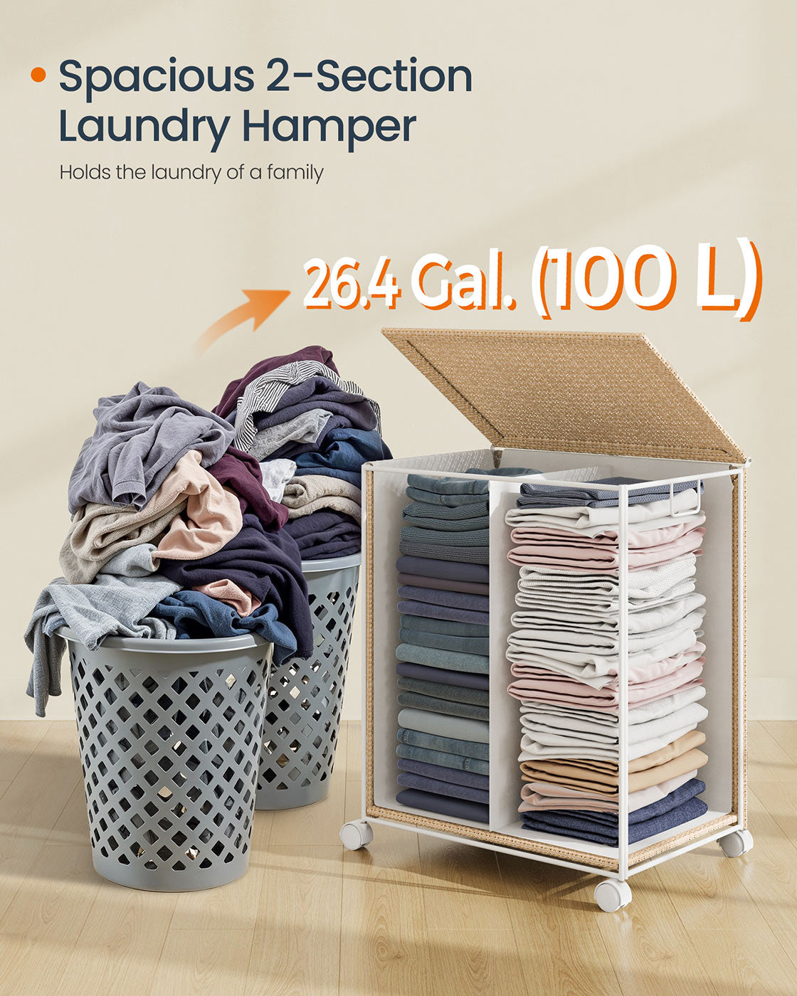 Laundry Basket - Fabric - Natural Beige - Dual Compartment with Lid and Wheels