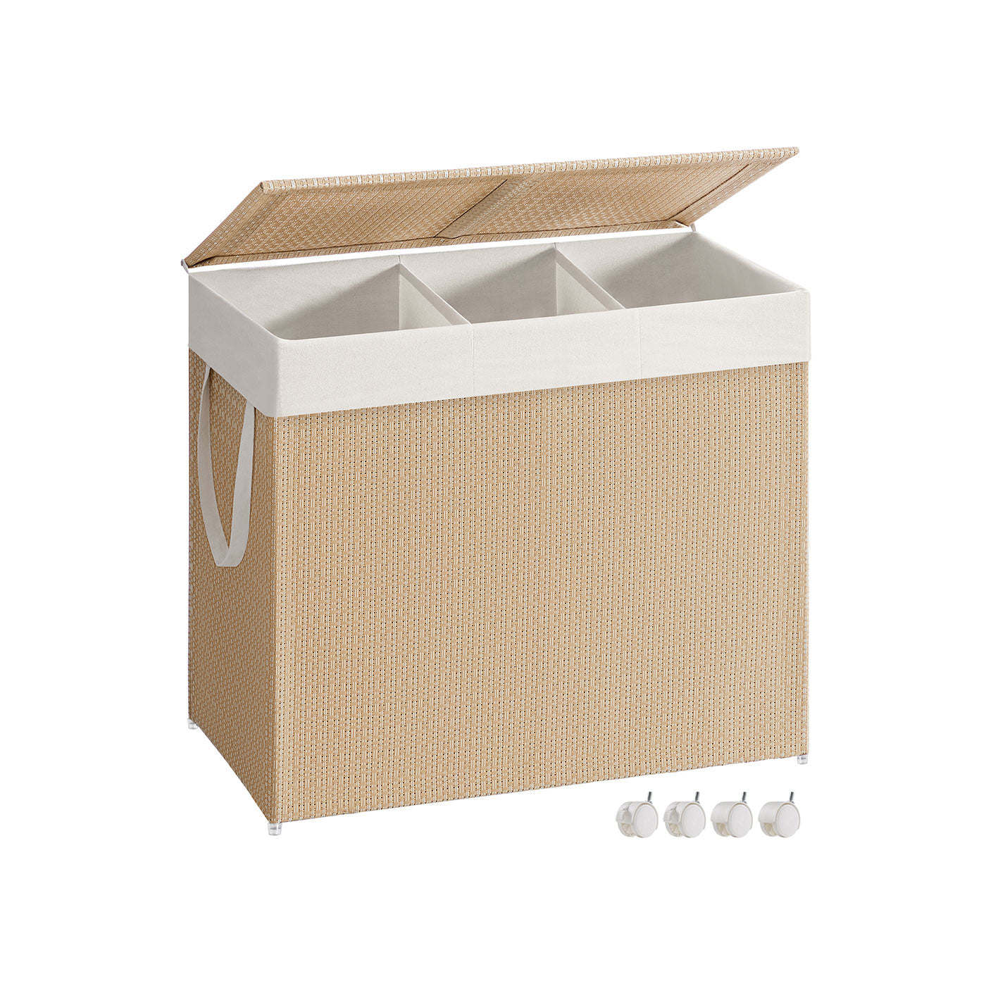 Laundry Basket - Fabric - Natural Beige - 3 Compartments with Lid and Removable Liner