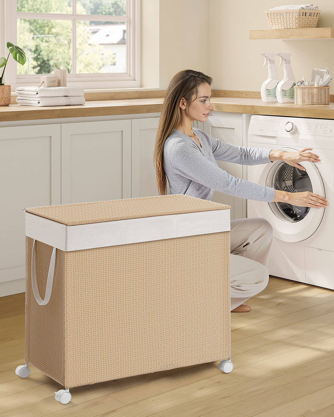 Laundry Basket - Fabric - Natural Beige - 3 Compartments with Lid and Removable Liner