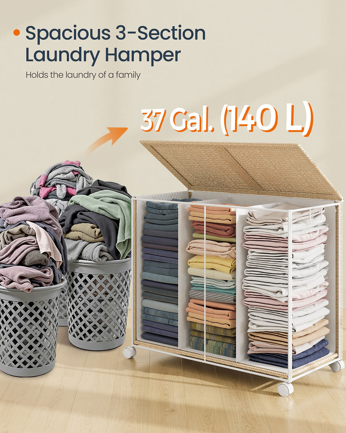 Laundry Basket - Fabric - Natural Beige - 3 Compartments with Lid and Removable Liner