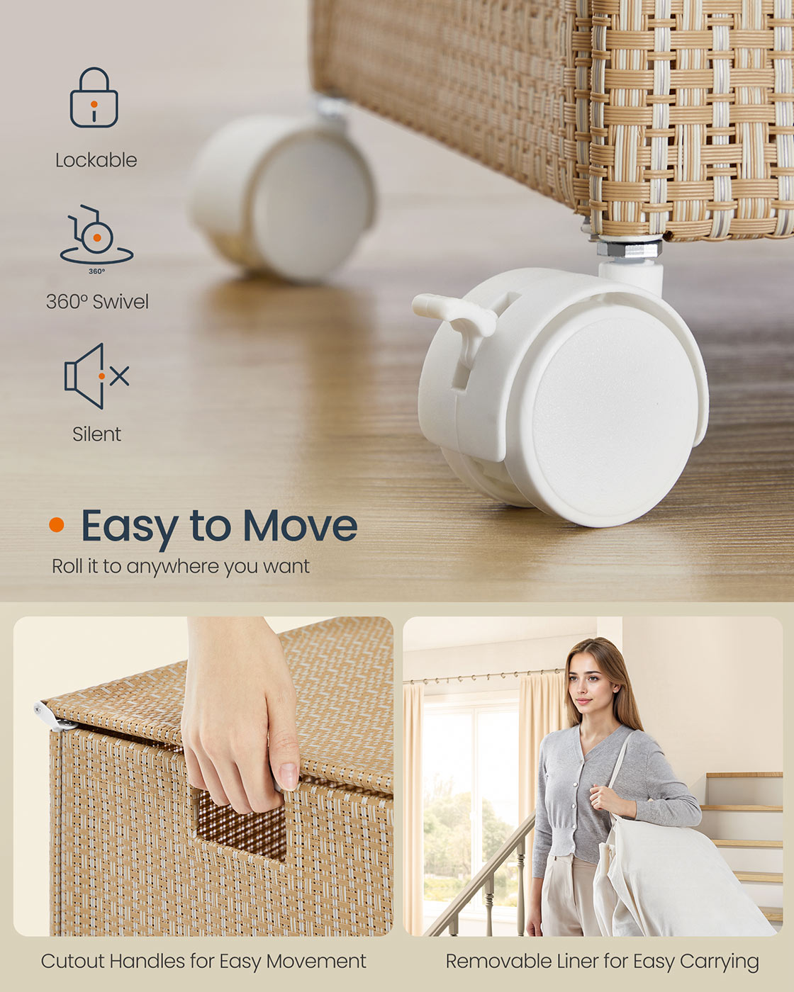 Laundry Basket - Fabric - Natural Beige - 3 Compartments with Lid and Removable Liner