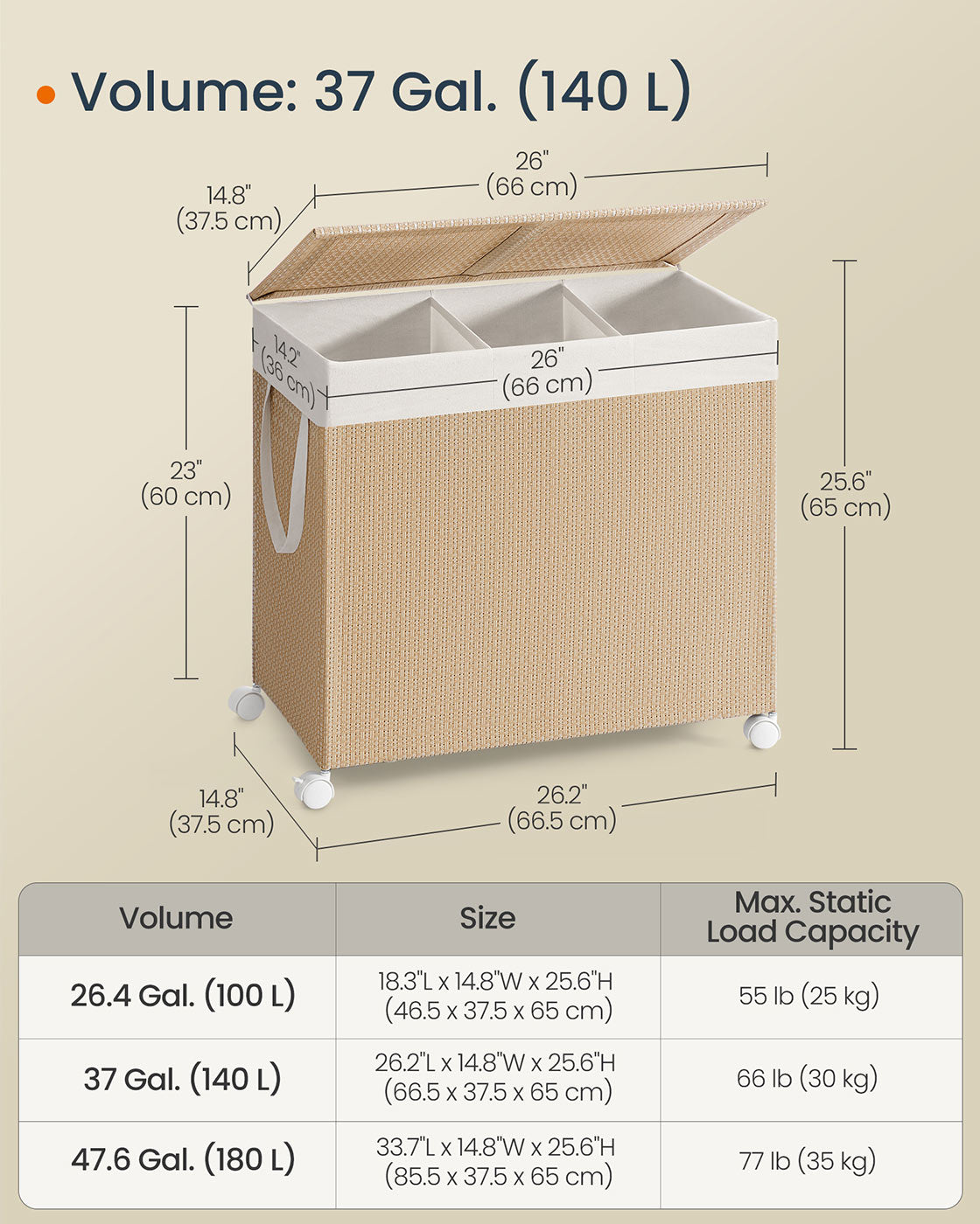 Laundry Basket - Fabric - Natural Beige - 3 Compartments with Lid and Removable Liner
