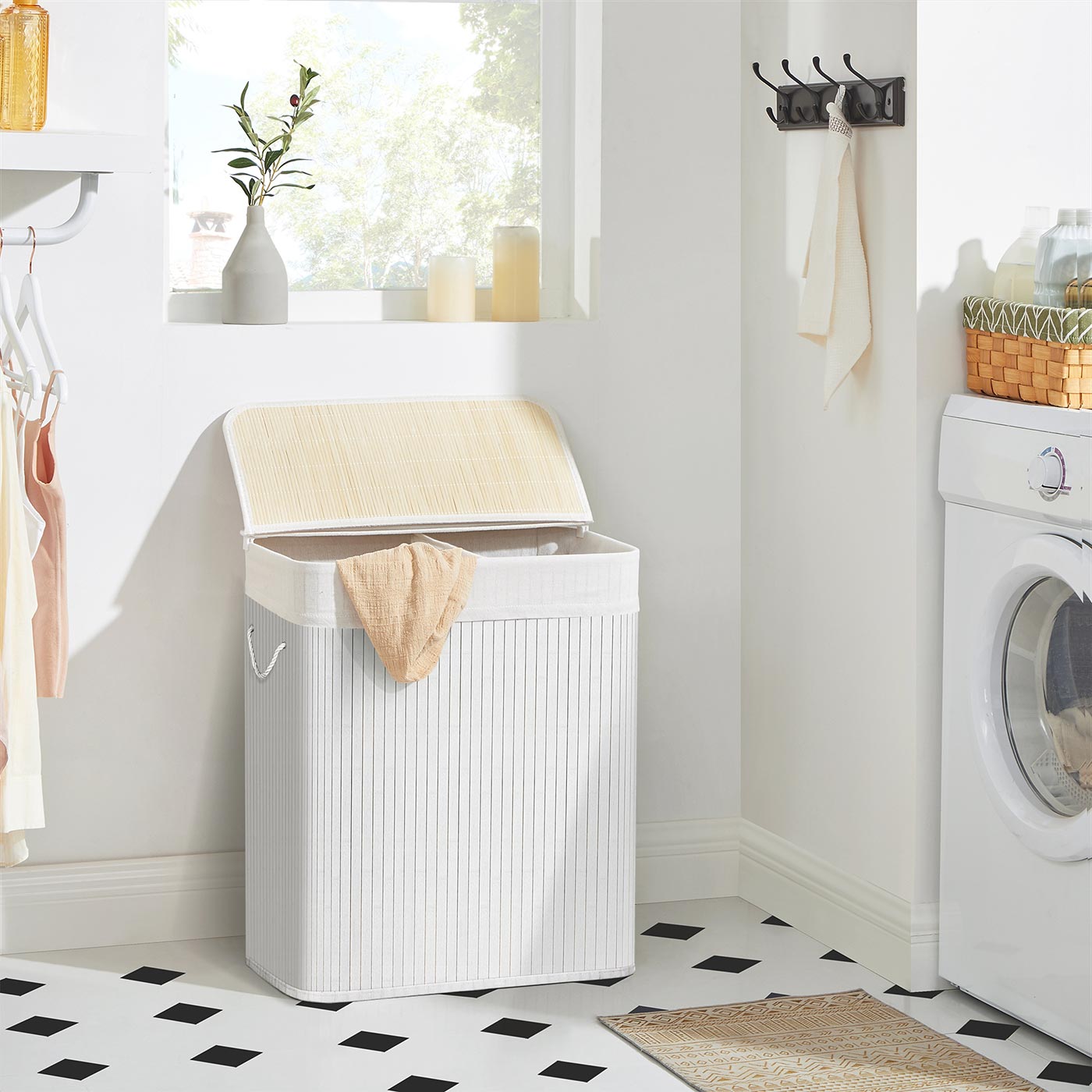 2 Sections Laundry Basket - Bamboo - Natural - XXL 100L with Removable Washable Lining