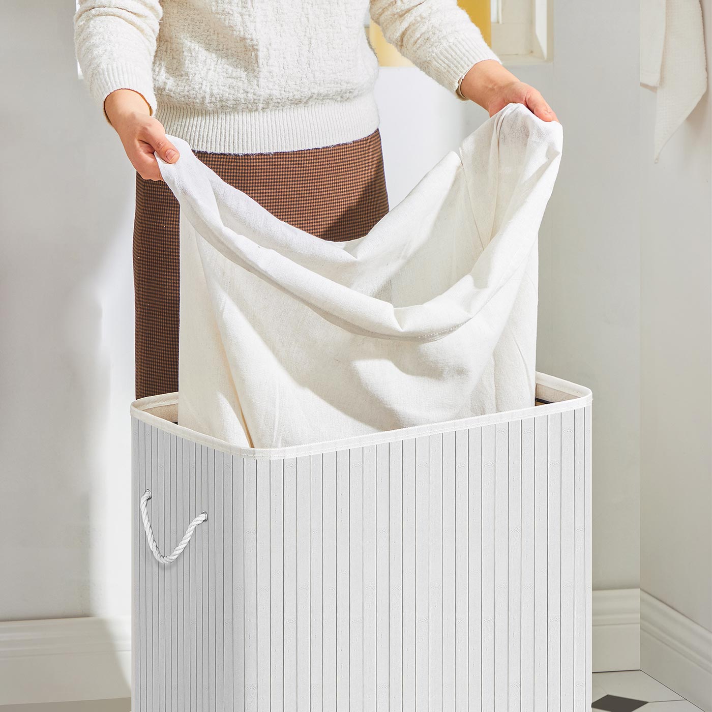 2 Sections Laundry Basket - Bamboo - Natural - XXL 100L with Removable Washable Lining