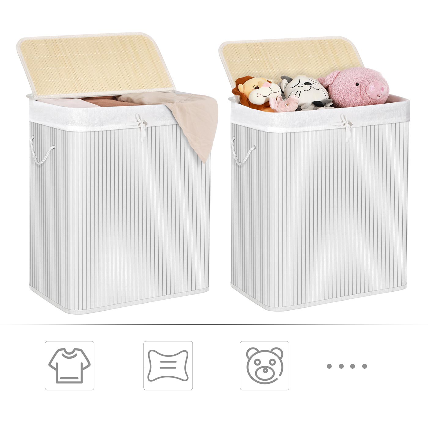 2 Sections Laundry Basket - Bamboo - Natural - XXL 100L with Removable Washable Lining