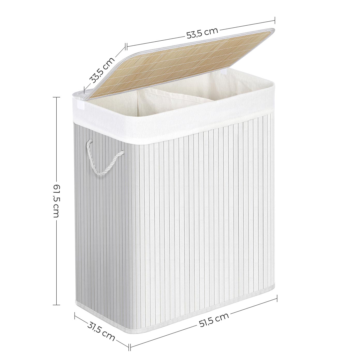 2 Sections Laundry Basket - Bamboo - Natural - XXL 100L with Removable Washable Lining
