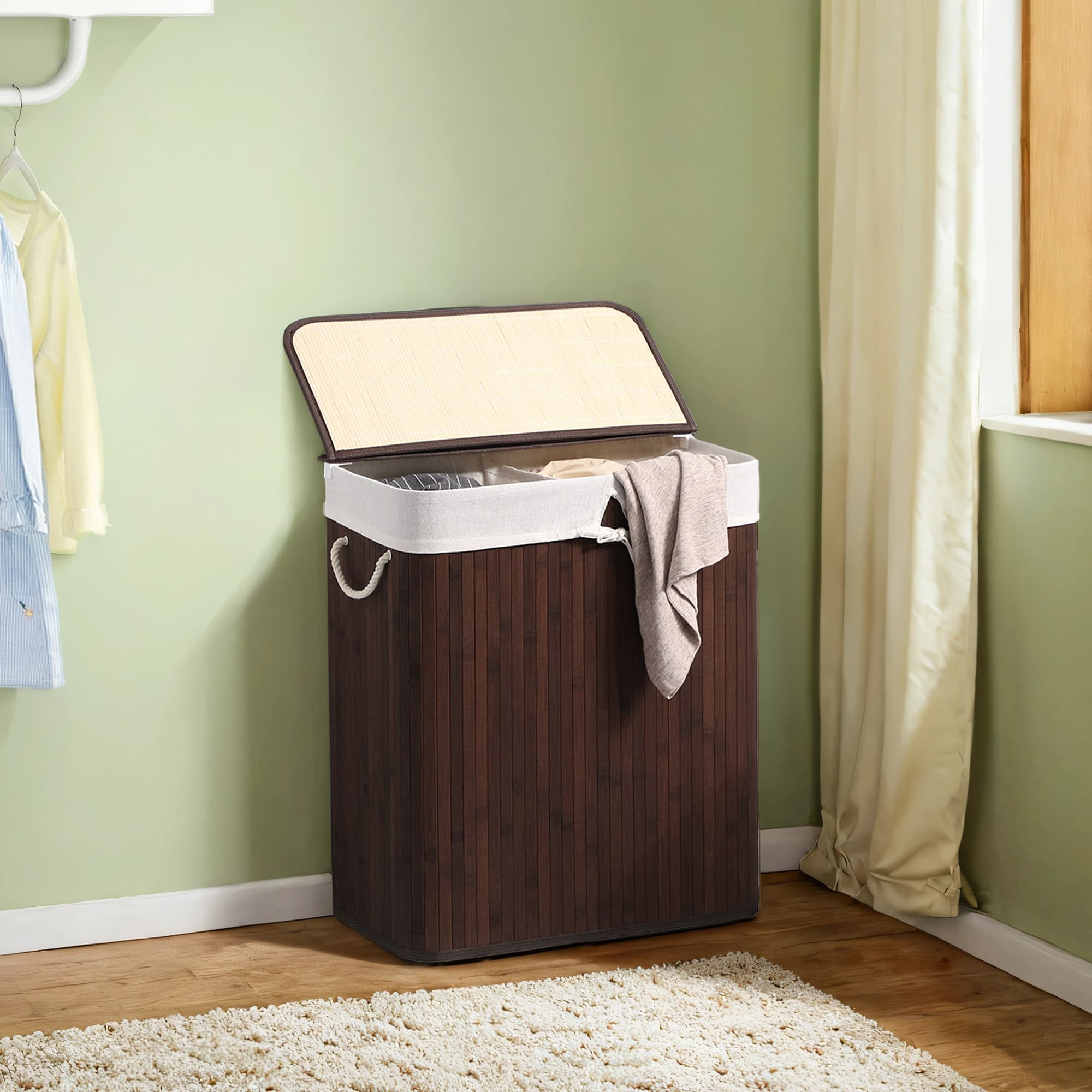 Bamboo Laundry Basket - Brown - Divided with Removable Liner and Handles