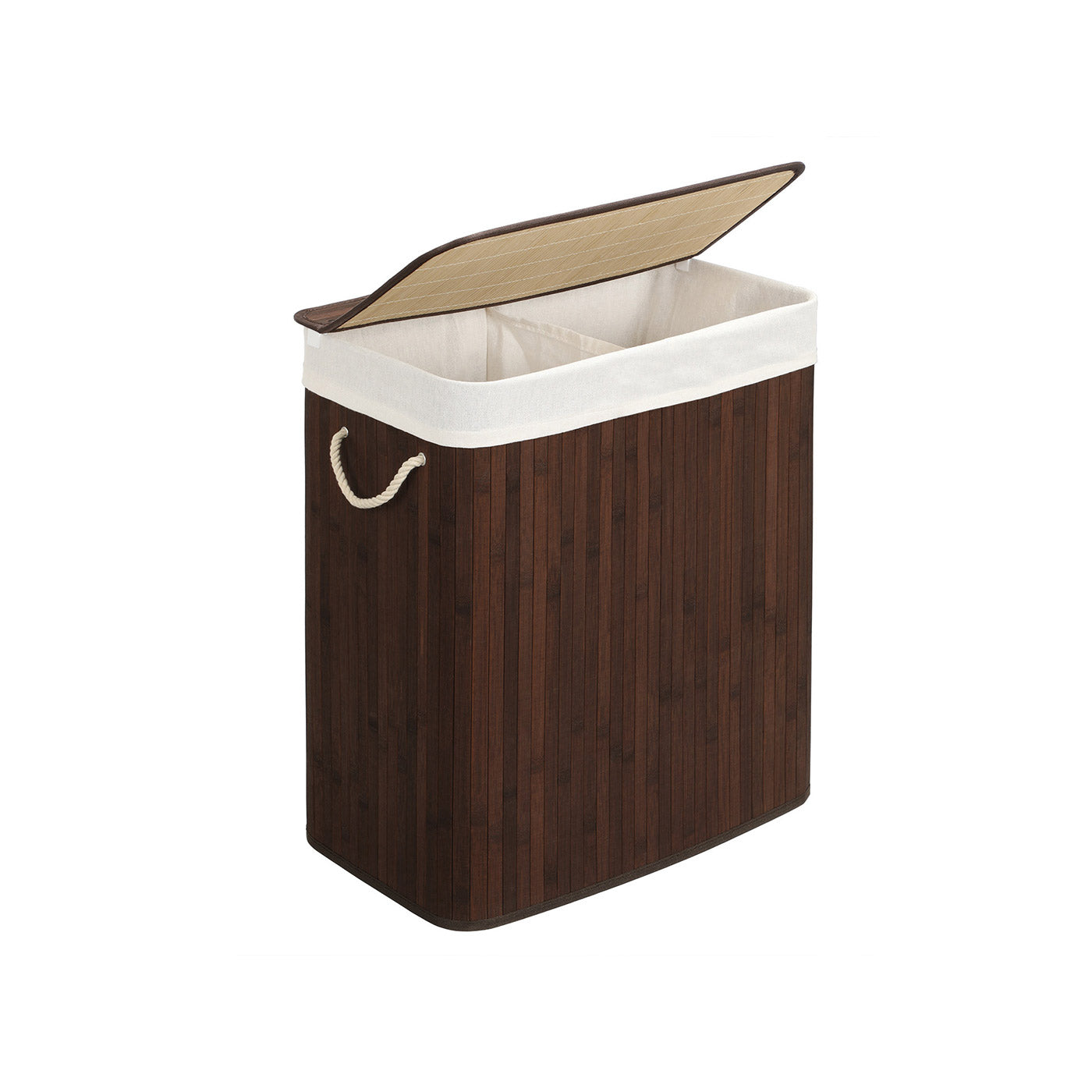 Laundry Basket - Bamboo - Brown - 100L Capacity with Divided Sections and Clip Lid