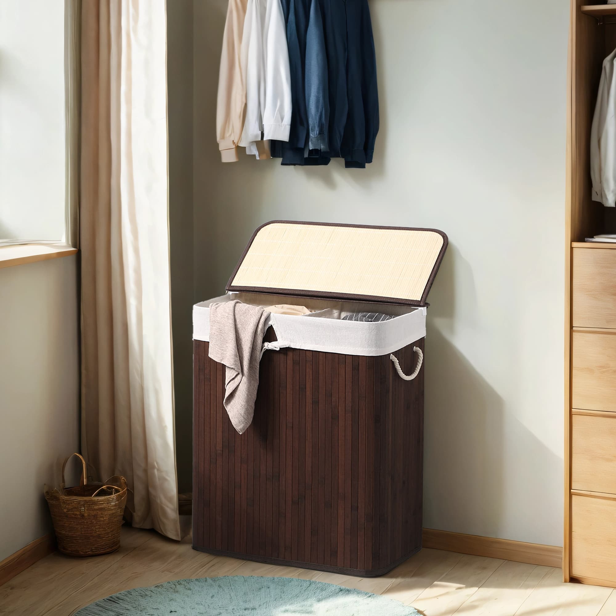 Bamboo Laundry Basket - Brown - Divided with Removable Liner and Handles
