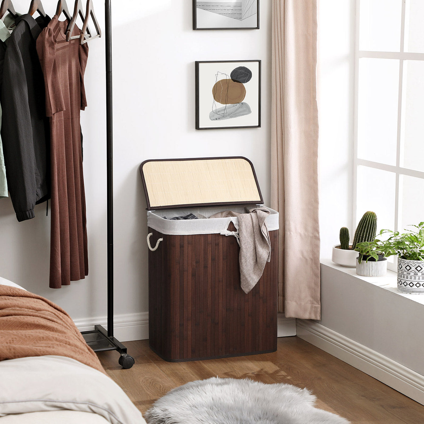 Laundry Basket - Bamboo - Brown - 100L Capacity with Divided Sections and Clip Lid