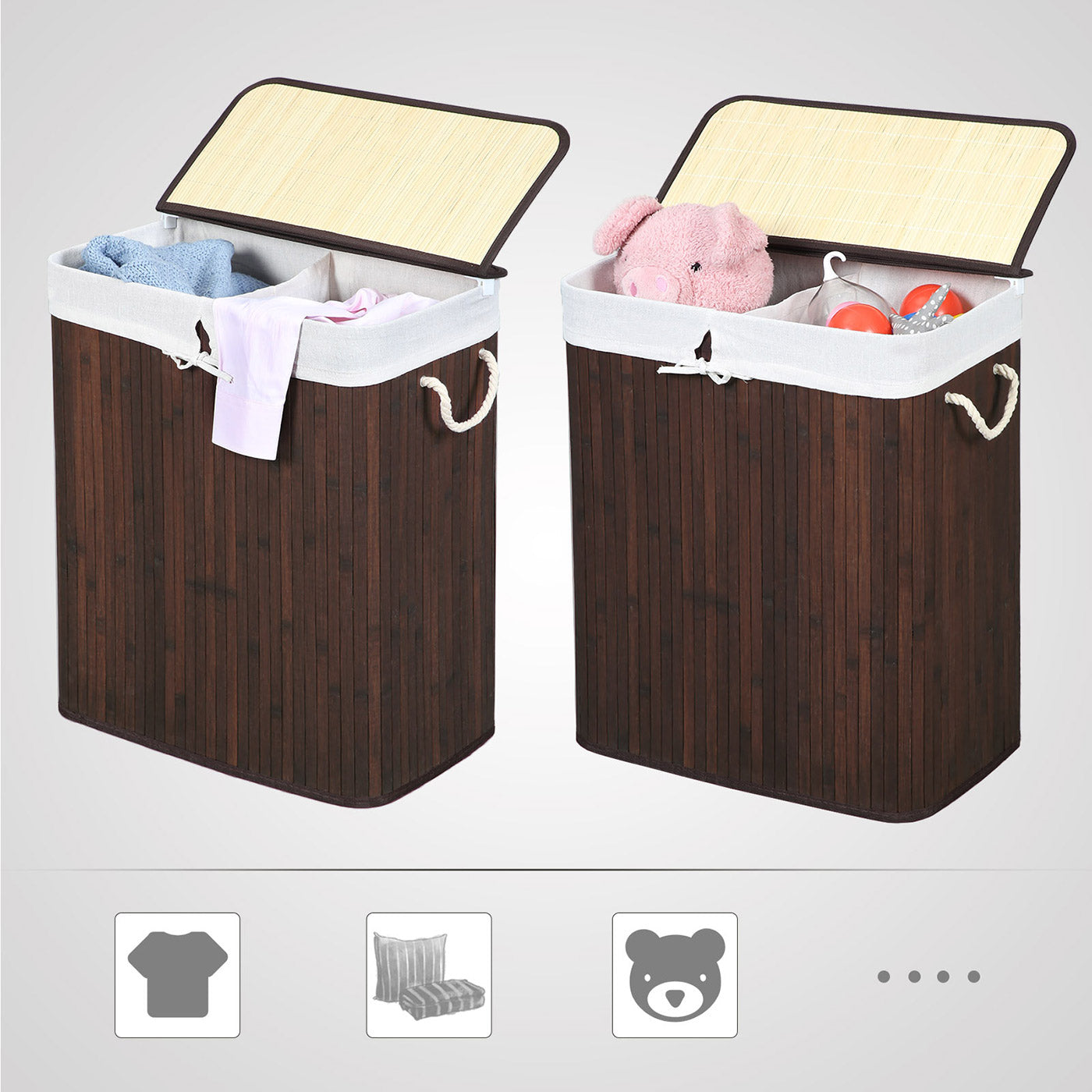 Laundry Basket - Bamboo - Brown - 100L Capacity with Divided Sections and Clip Lid