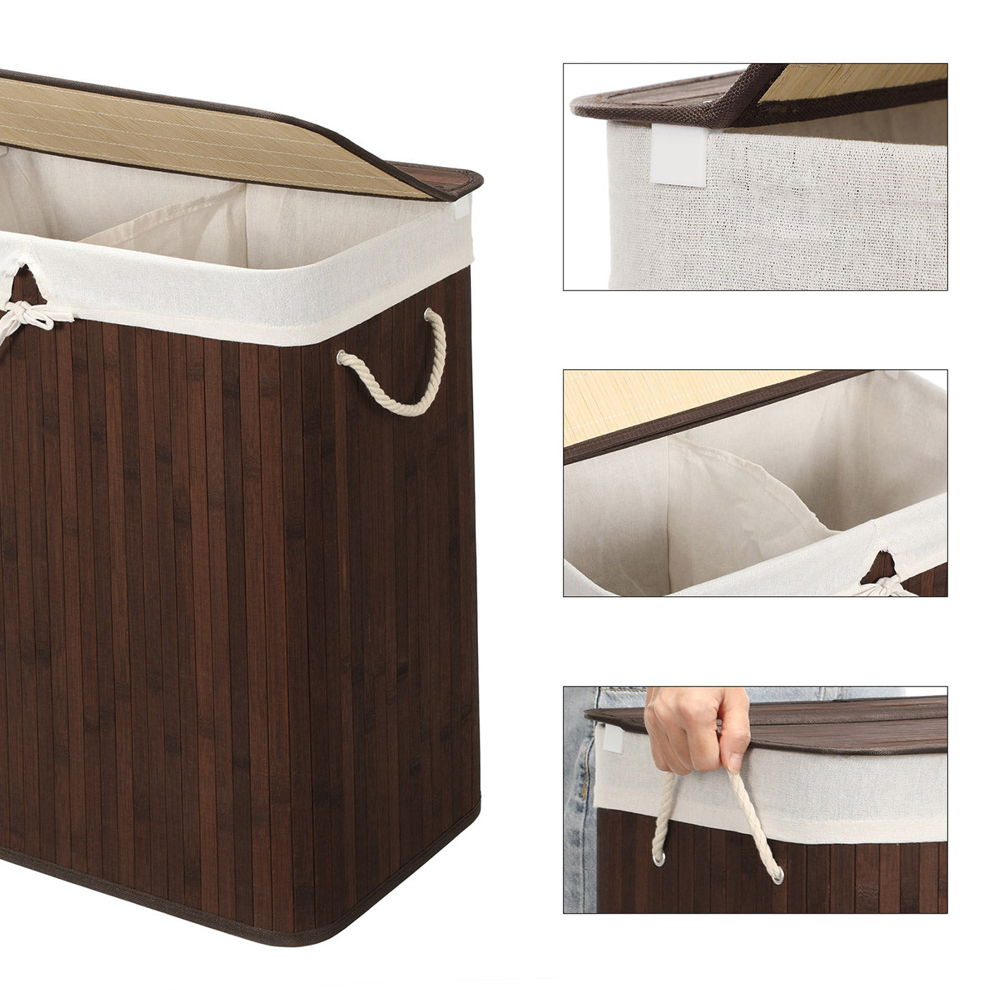 Laundry Basket - Bamboo - Brown - 100L Capacity with Divided Sections and Clip Lid