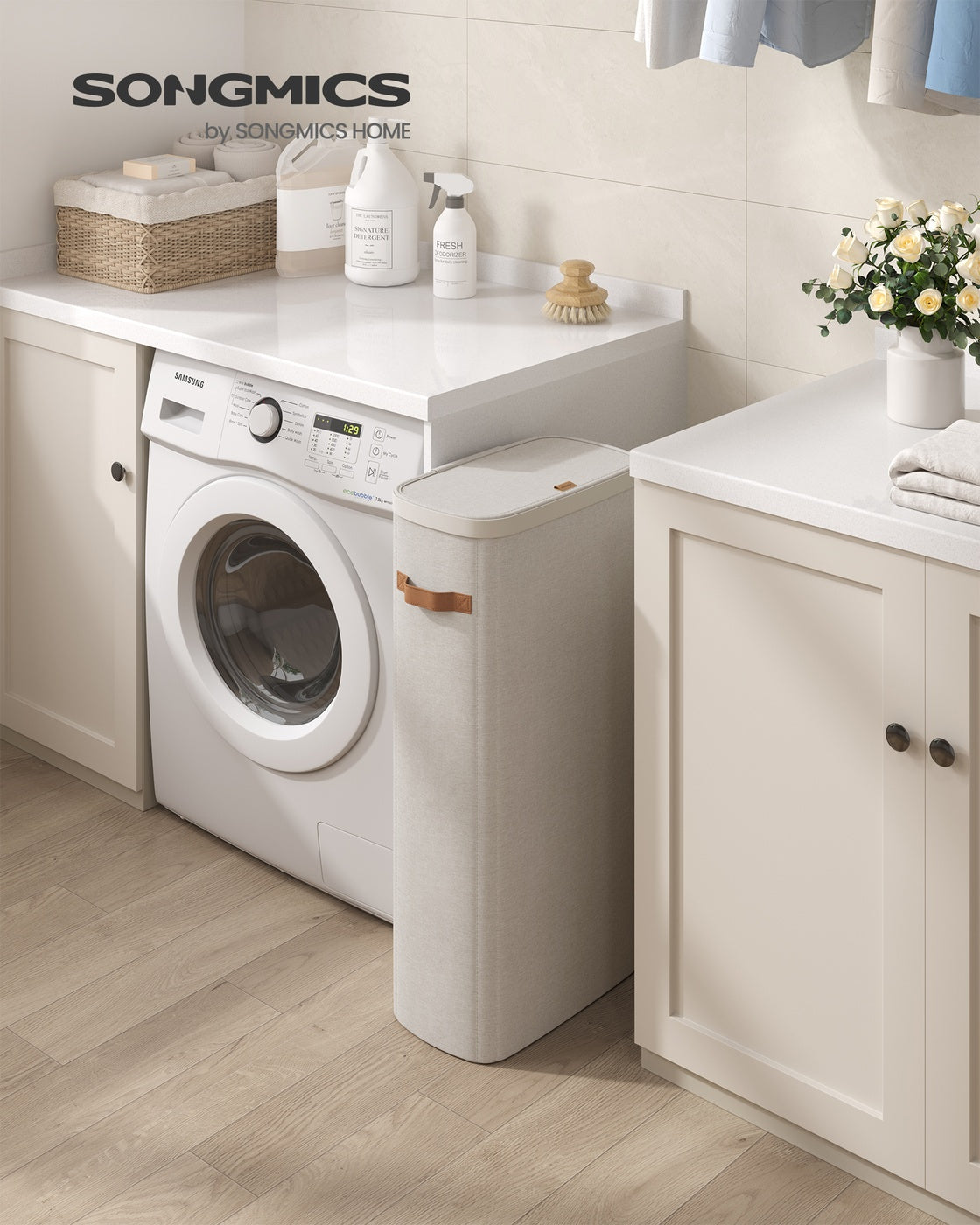 Laundry Basket - Polyester Fabric and Plastic - Cappuccino Beige