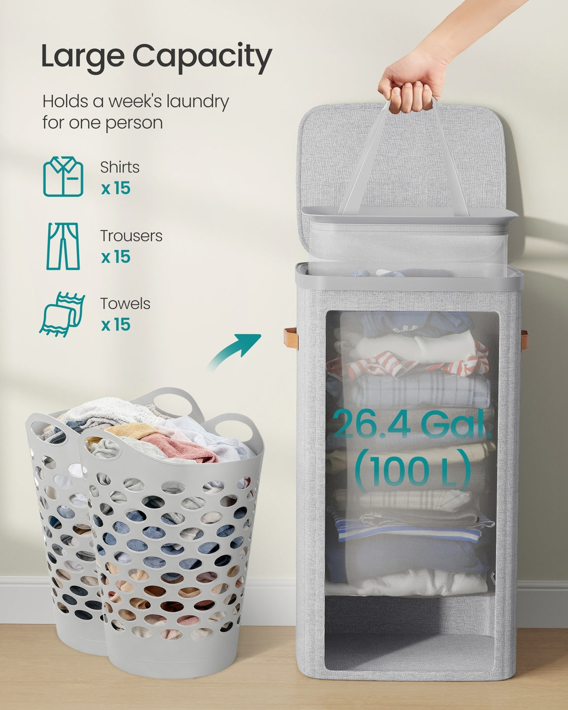 Laundry Basket - Fabric - Dove Grey - 100L Capacity with Lid and Removable Liner