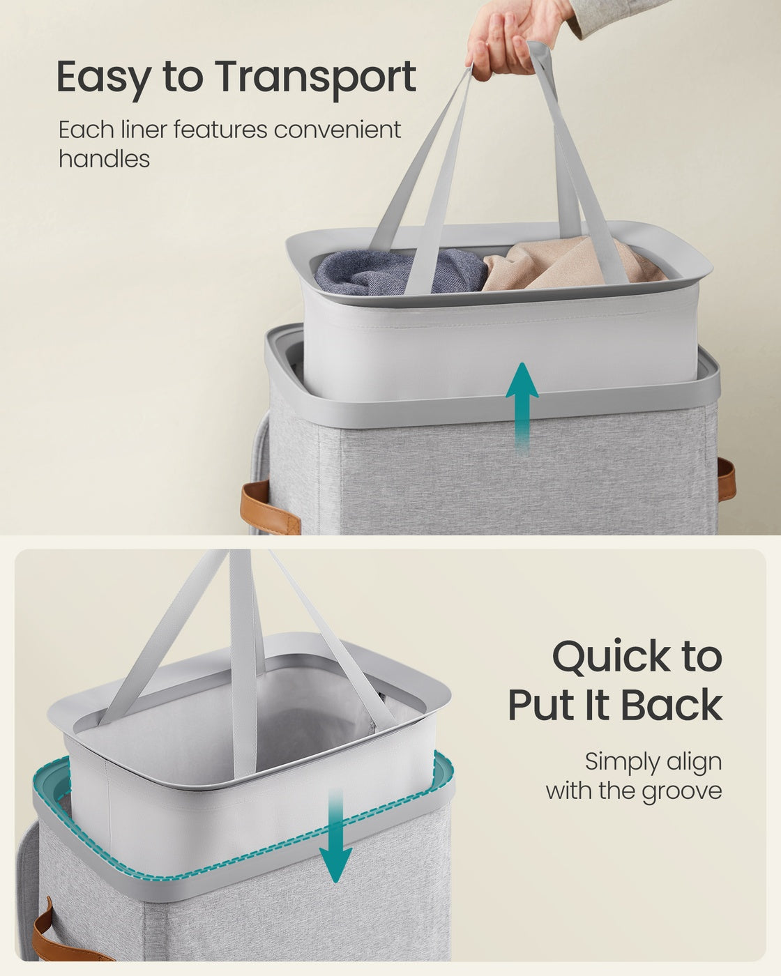 Laundry Basket - Fabric - Dove Grey - 100L Capacity with Lid and Removable Liner