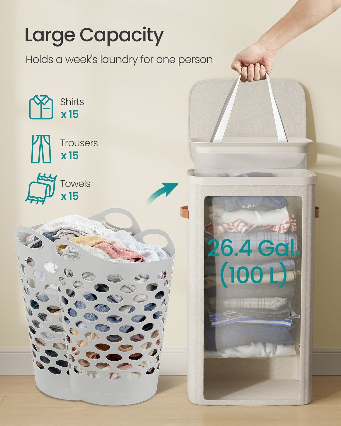 Laundry Basket - Fabric - Dove Grey - 100 L Capacity with Lid and Handles