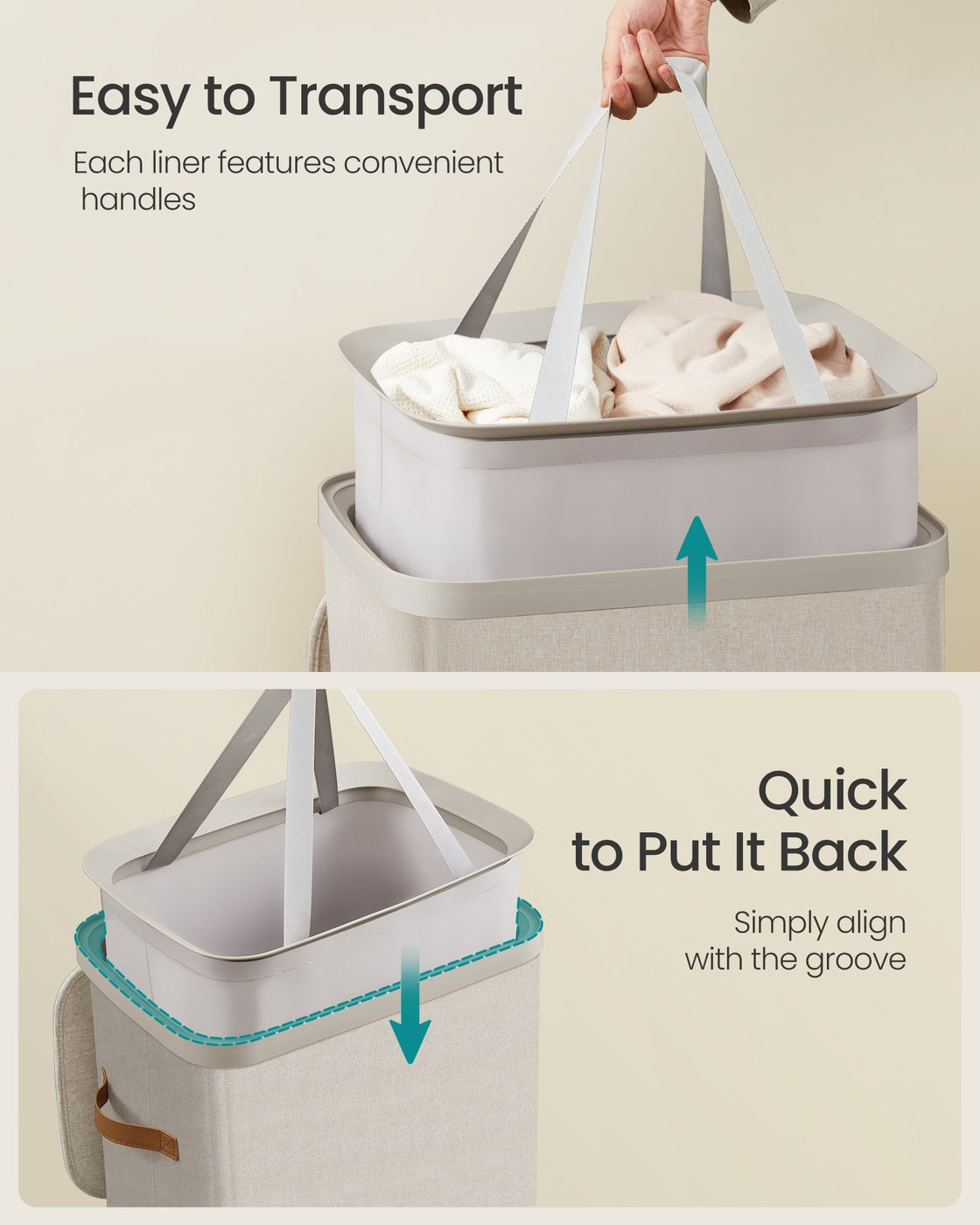 Laundry Basket - Fabric - Dove Grey - 100 L Capacity with Lid and Handles