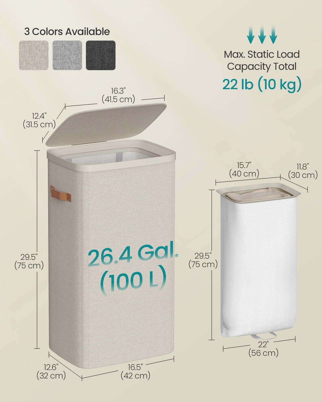 Laundry Basket - Fabric - Dove Grey - 100 L Capacity with Lid and Handles