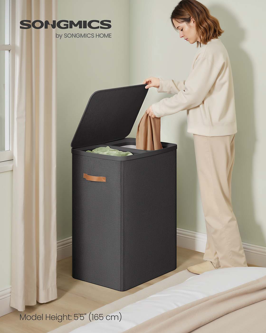 Laundry Basket - Polyester - Ink Black - Dual Compartment with Removable Liners and Lid