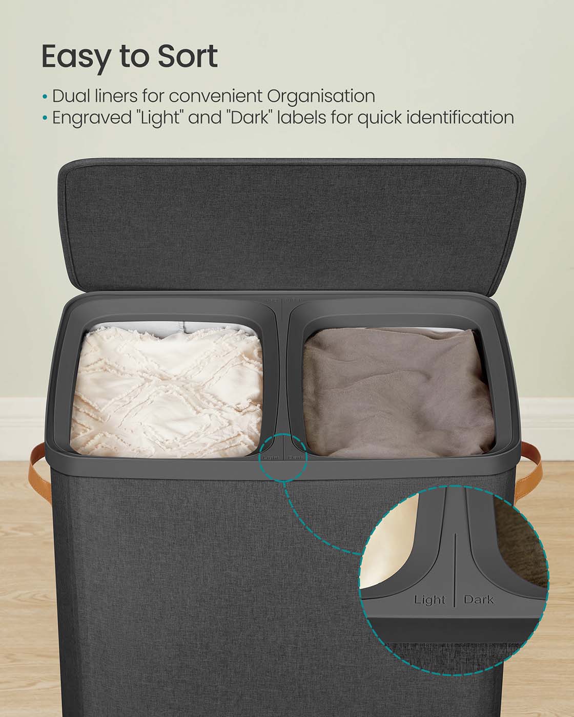 Laundry Basket - Polyester - Ink Black - Dual Compartment with Removable Liners and Lid