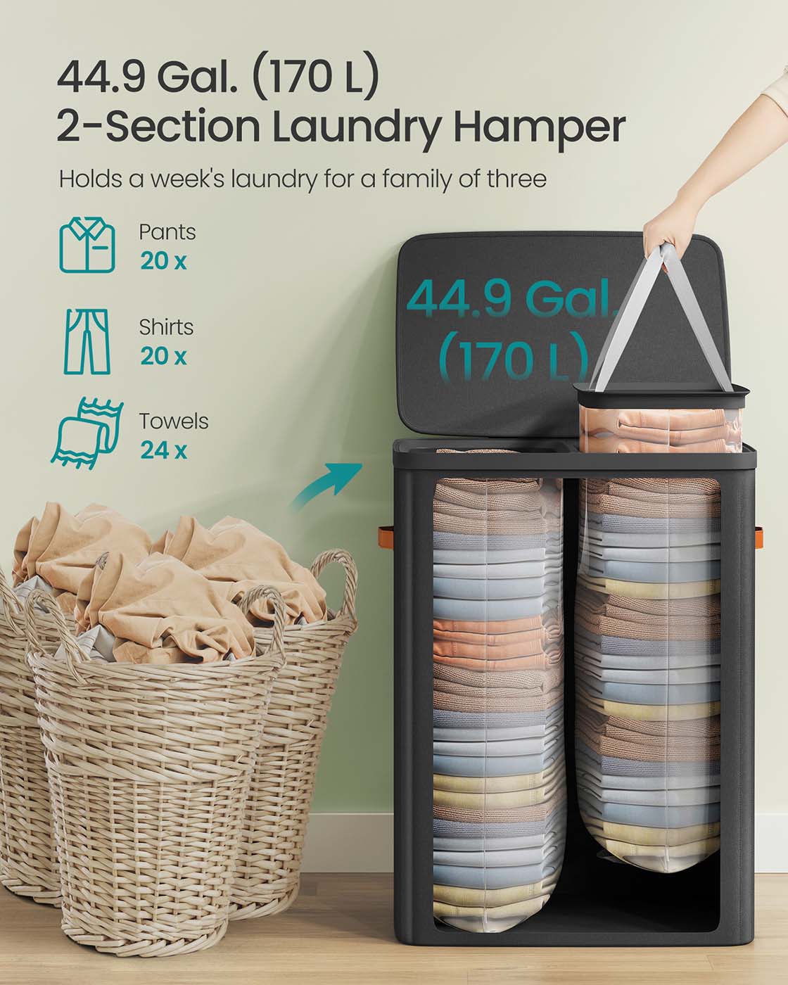 Laundry Basket - Polyester - Ink Black - Dual Compartment with Removable Liners and Lid