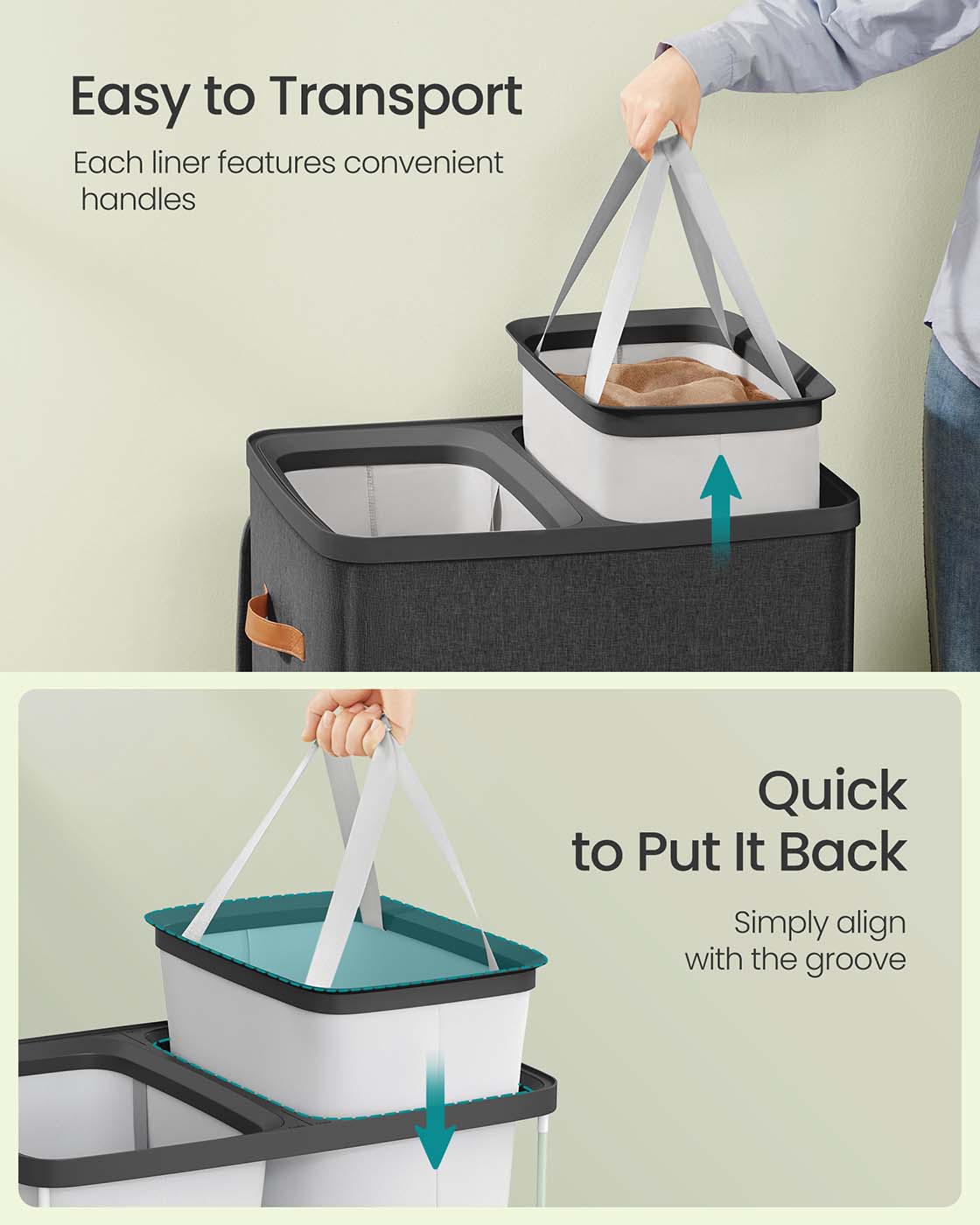 Laundry Basket - Polyester - Ink Black - Dual Compartment with Removable Liners and Lid