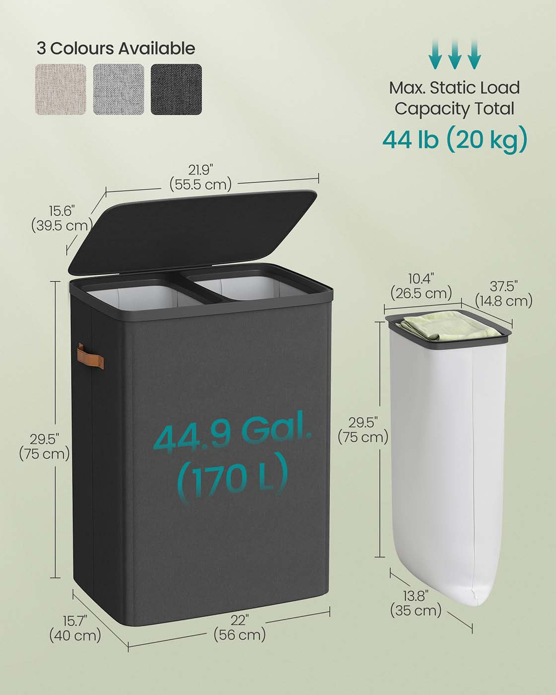 Laundry Basket - Polyester - Ink Black - Dual Compartment with Removable Liners and Lid