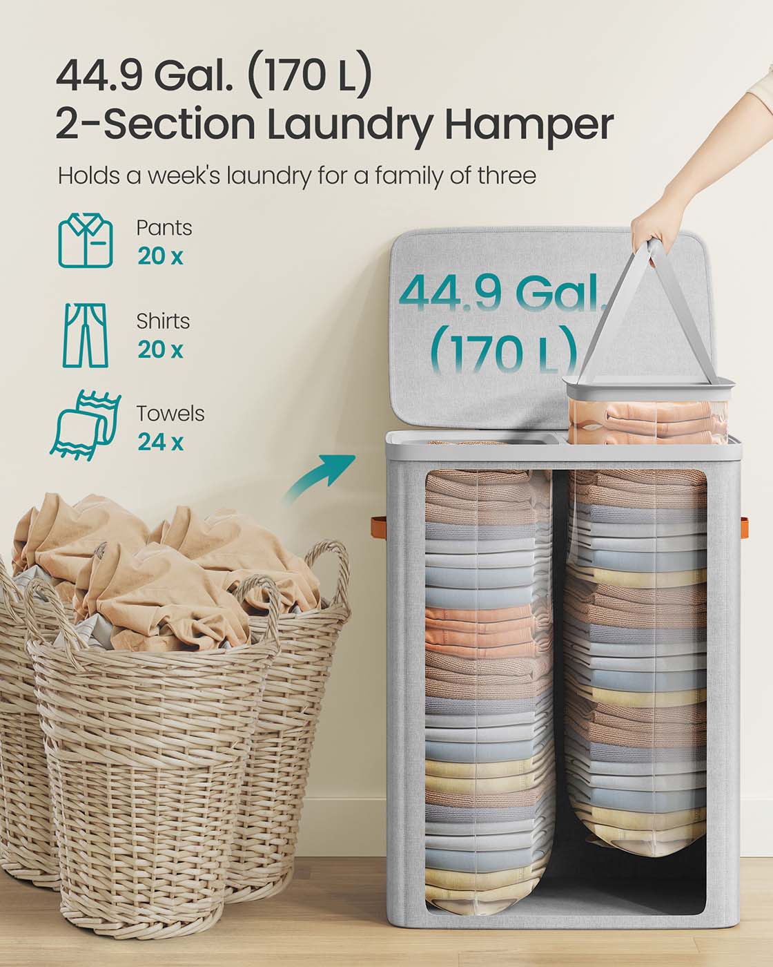 Laundry Basket - Polyester - Ink Black - Dual Compartment with Removable Liners and Lid