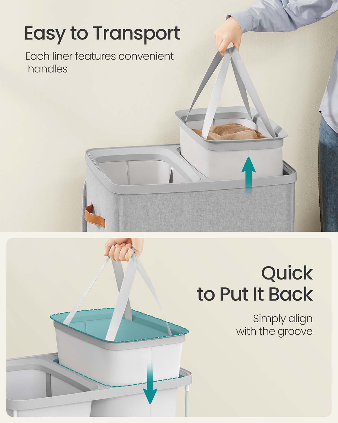 Laundry Basket - Polyester - Ink Black - Dual Compartment with Removable Liners and Lid
