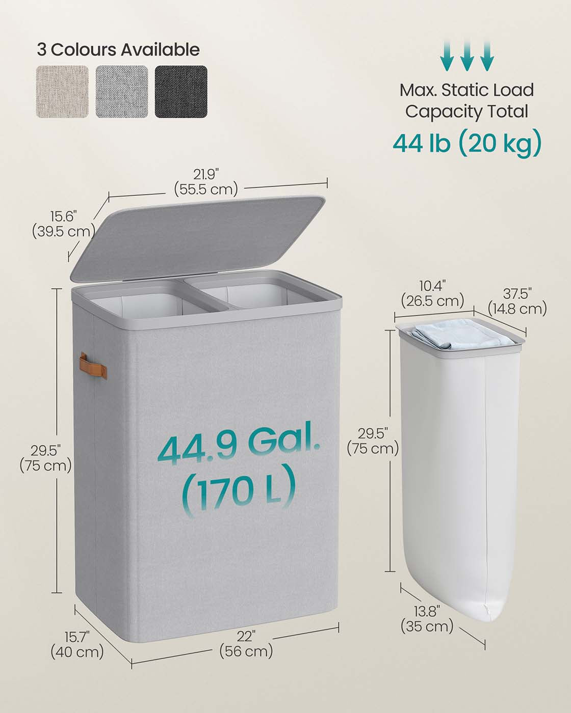 Laundry Basket - Polyester - Ink Black - Dual Compartment with Removable Liners and Lid