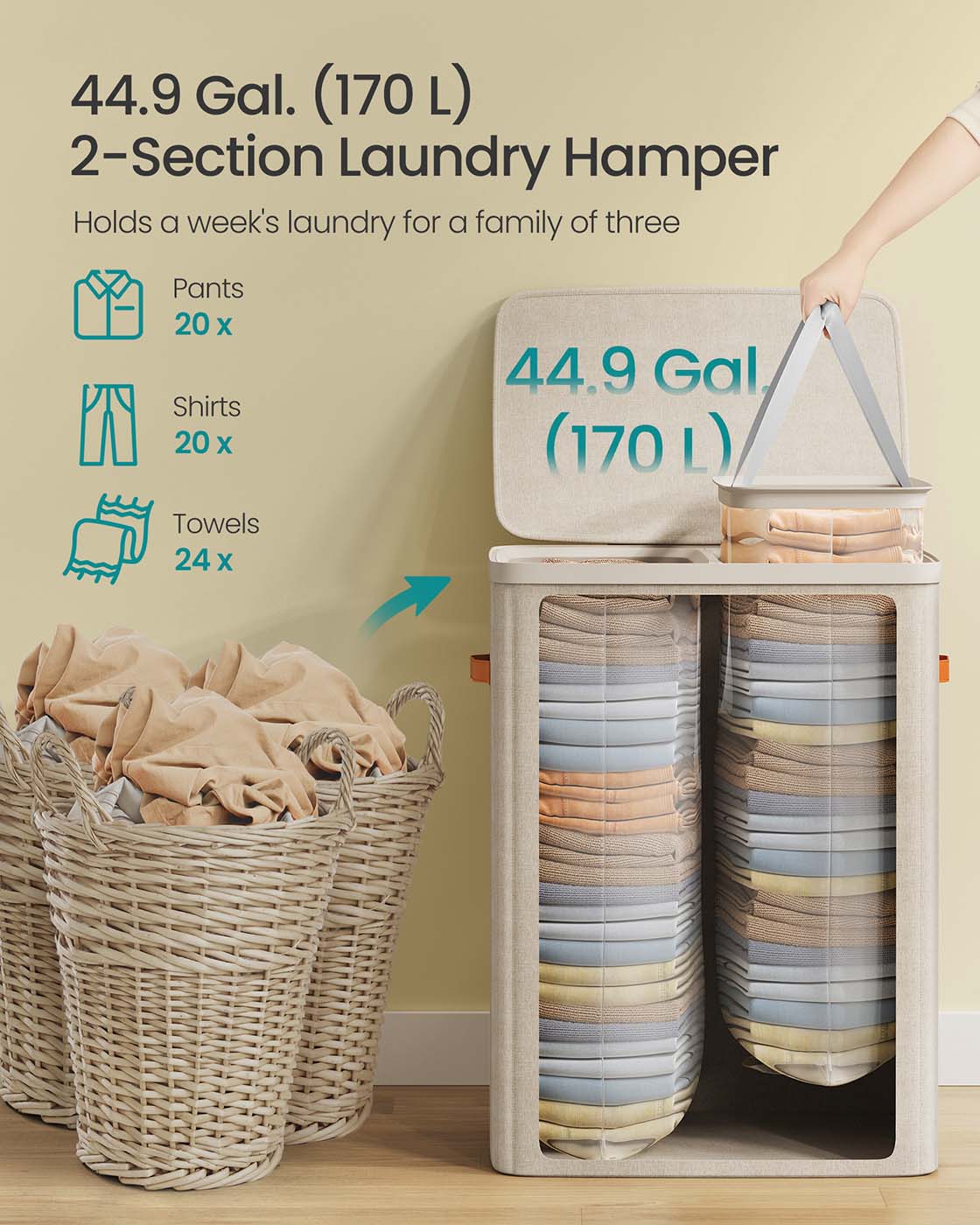 Laundry Basket - Polyester - Ink Black - Dual Compartment with Removable Liners and Lid