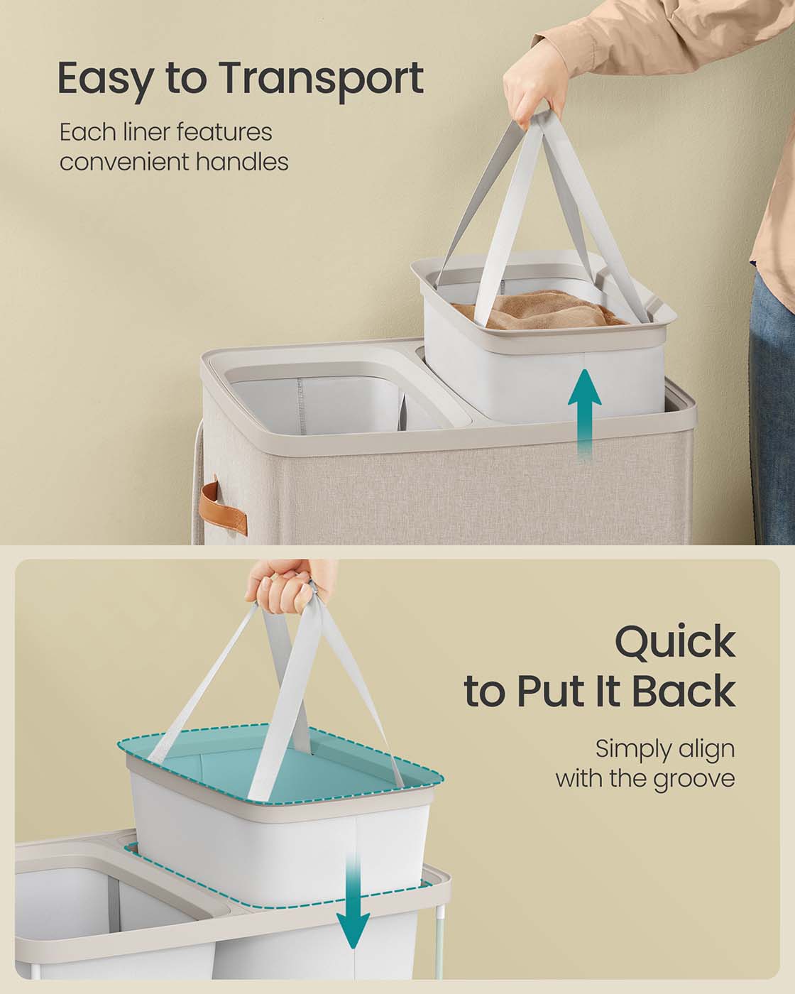 Laundry Basket - Polyester - Ink Black - Dual Compartment with Removable Liners and Lid