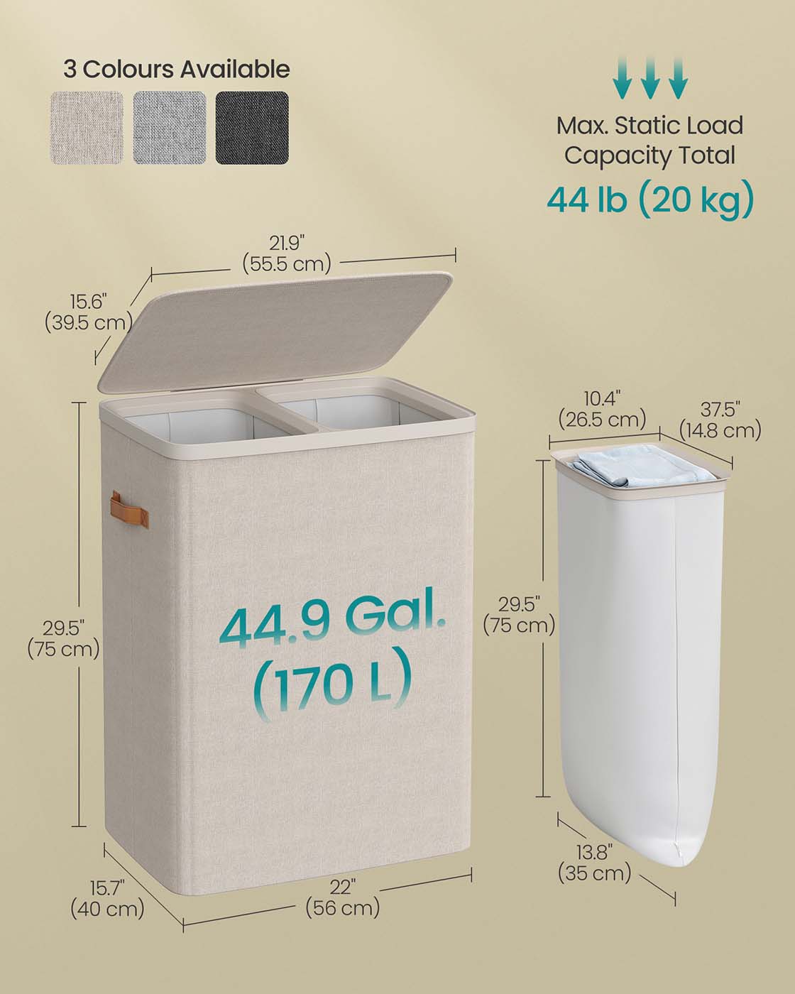 Laundry Basket - Polyester - Ink Black - Dual Compartment with Removable Liners and Lid