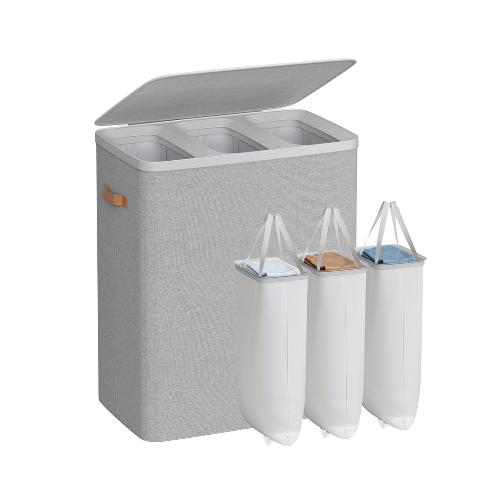 Laundry Basket Triple Compartment Laundry Hamper - Polyester Fabric and Plastic - Dove Grey