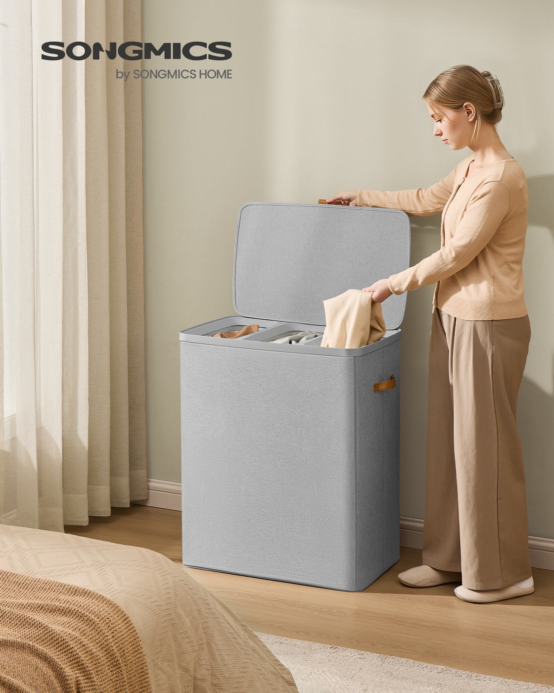 Laundry Basket Triple Compartment Laundry Hamper - Polyester Fabric and Plastic - Dove Grey