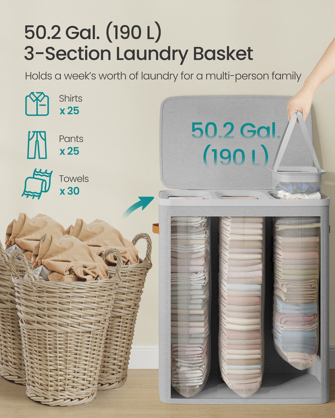 Laundry Basket Triple Compartment Laundry Hamper - Polyester Fabric and Plastic - Dove Grey