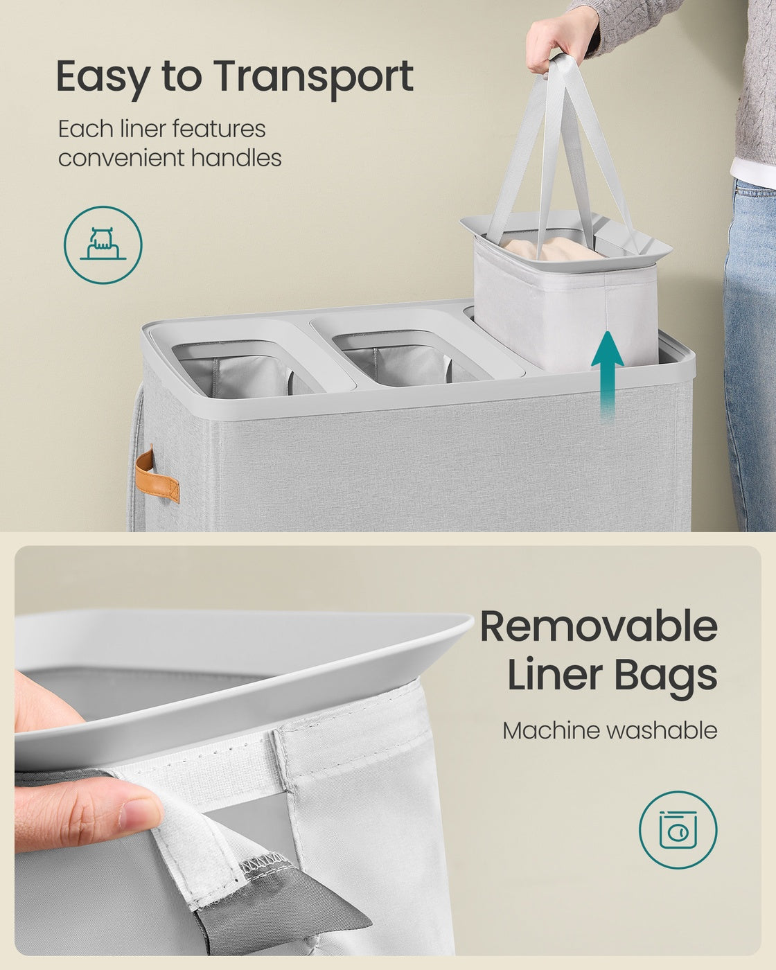 Laundry Basket Triple Compartment Laundry Hamper - Polyester Fabric and Plastic - Dove Grey