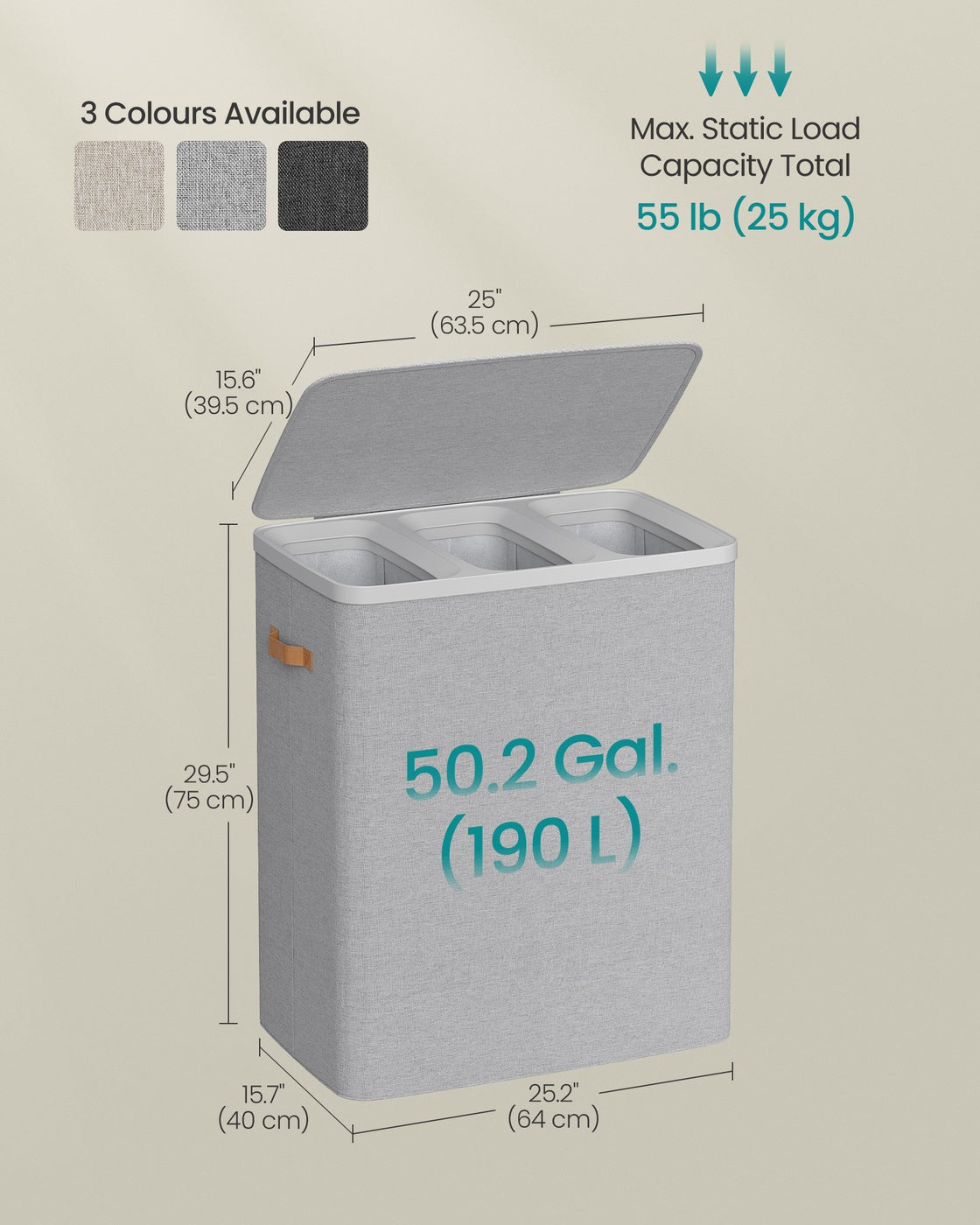 Laundry Basket Triple Compartment Laundry Hamper - Polyester Fabric and Plastic - Dove Grey