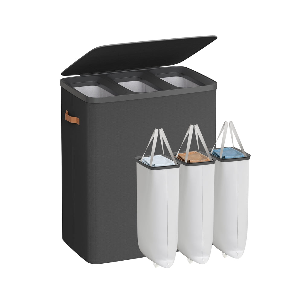 Laundry Basket Triple Compartment Laundry Hamper - Polyester Fabric and Plastic - Ink Black