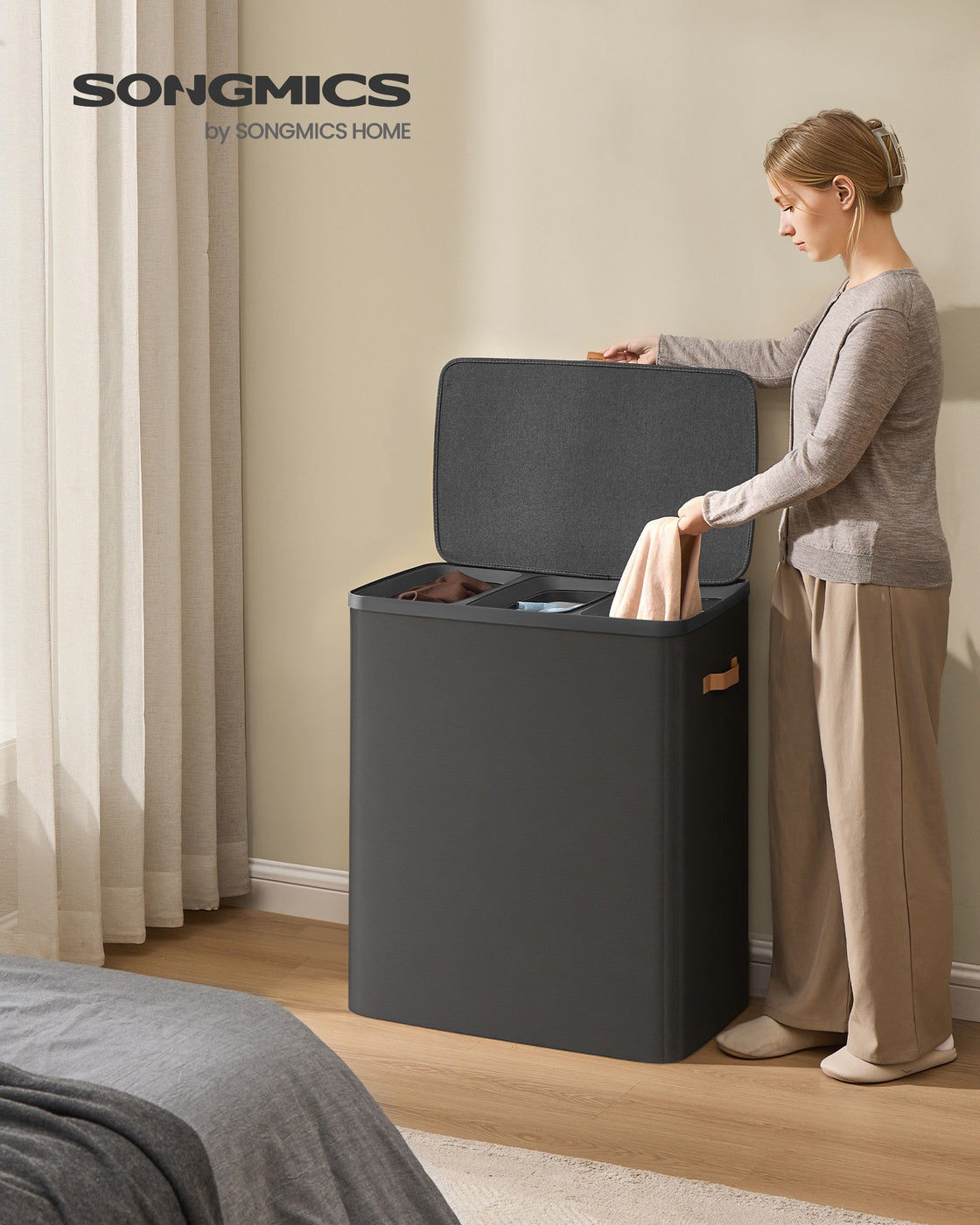 Laundry Basket Triple Compartment Laundry Hamper - Polyester Fabric and Plastic - Ink Black