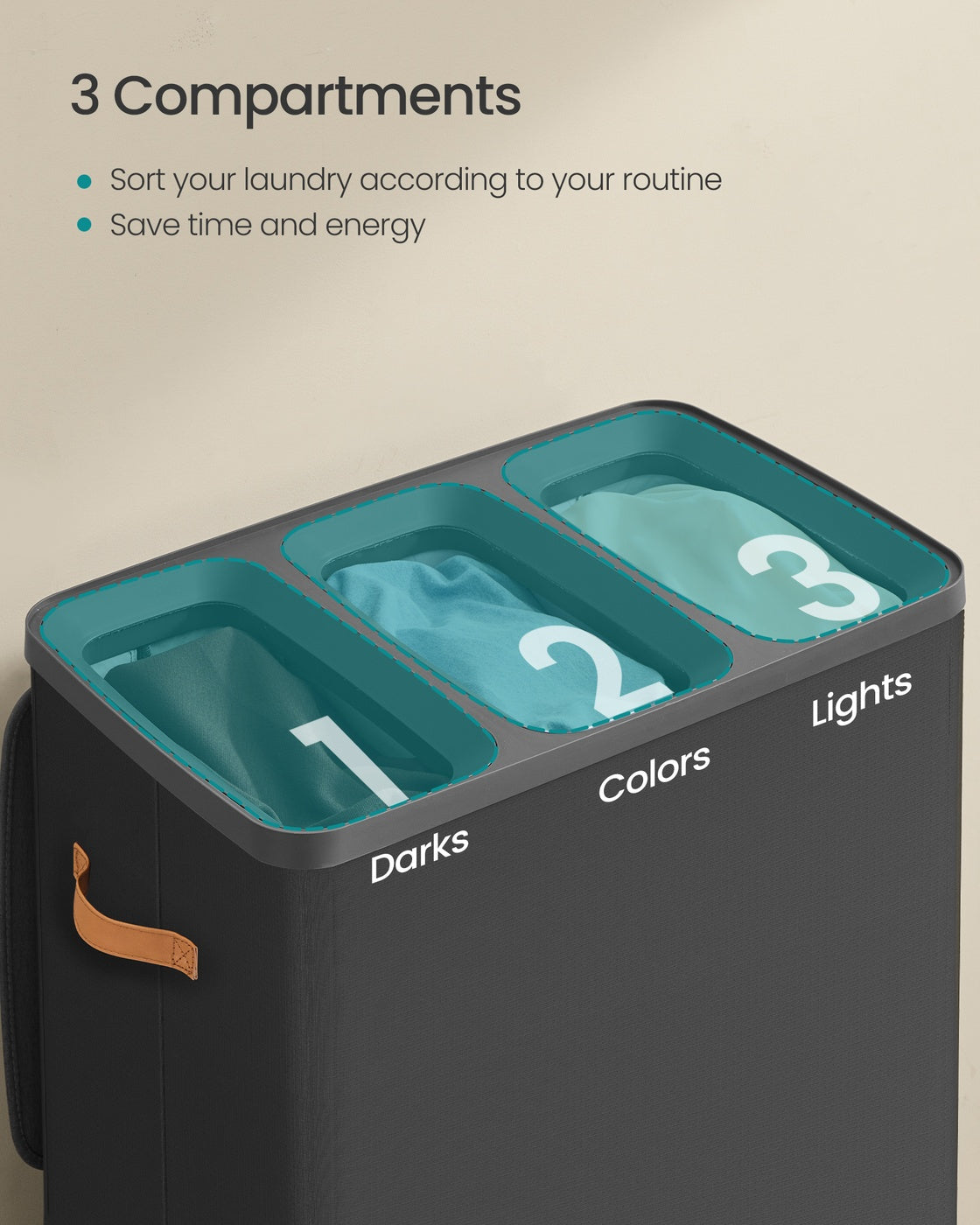 Laundry Basket Triple Compartment Laundry Hamper - Polyester Fabric and Plastic - Ink Black